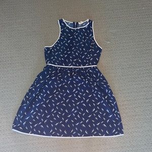 Blue dress with white bird pattern, size M, never worn